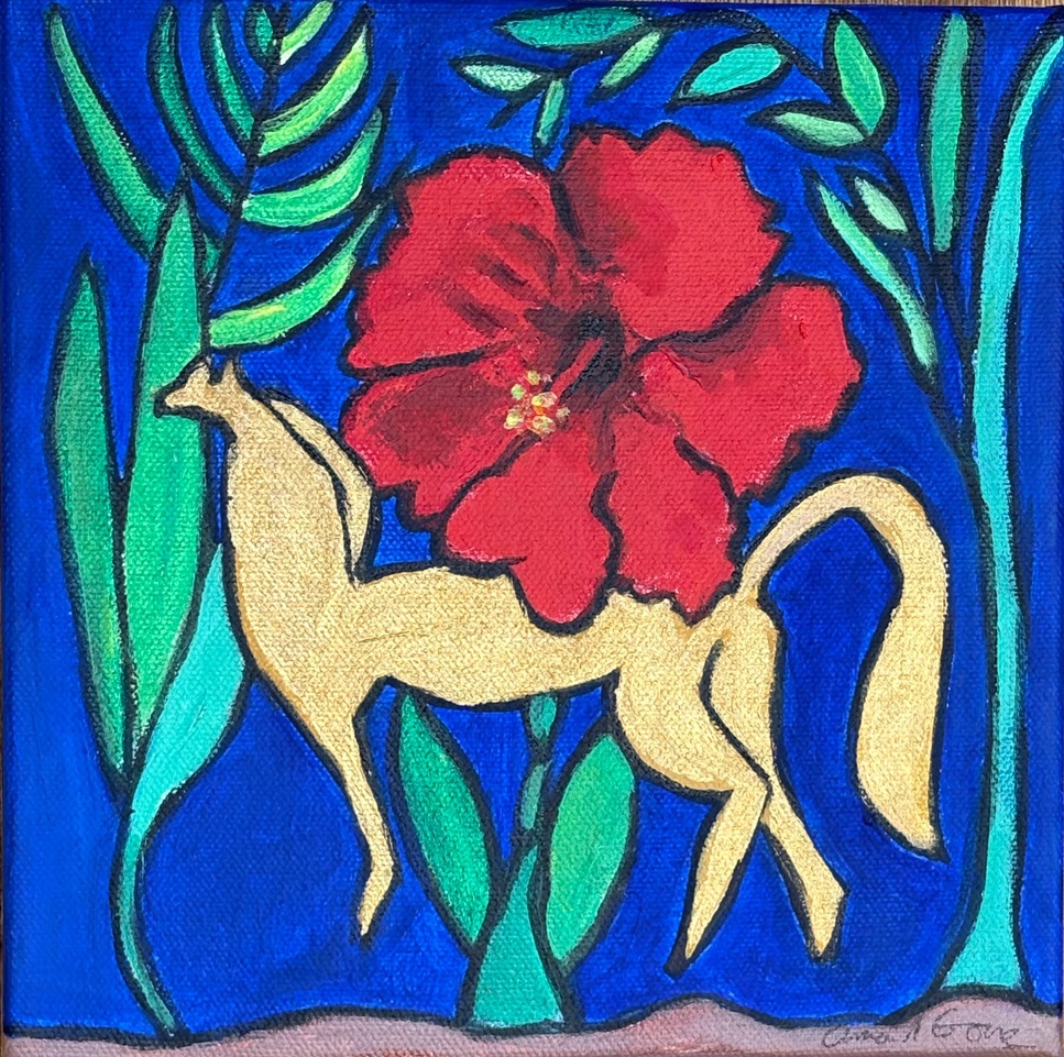 Click here to view Golden horse & red hibiscus flower by Anna Jewel Gove